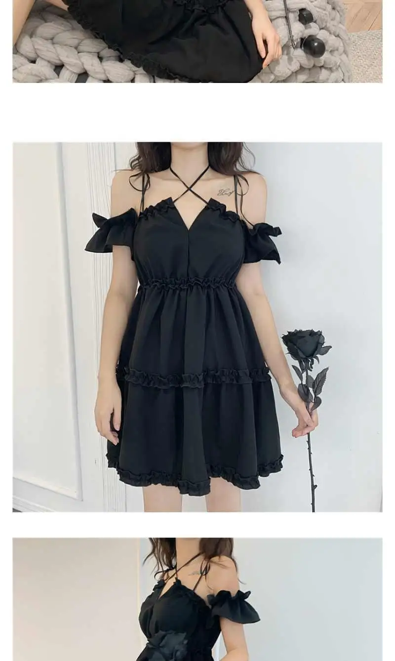 Eomen Black Ruffles Empire Gothic Dress 2021 Sumemr Lady Halter Backless Mini Dresses Short Sleeve Deep V Sexy Casual Streetwear