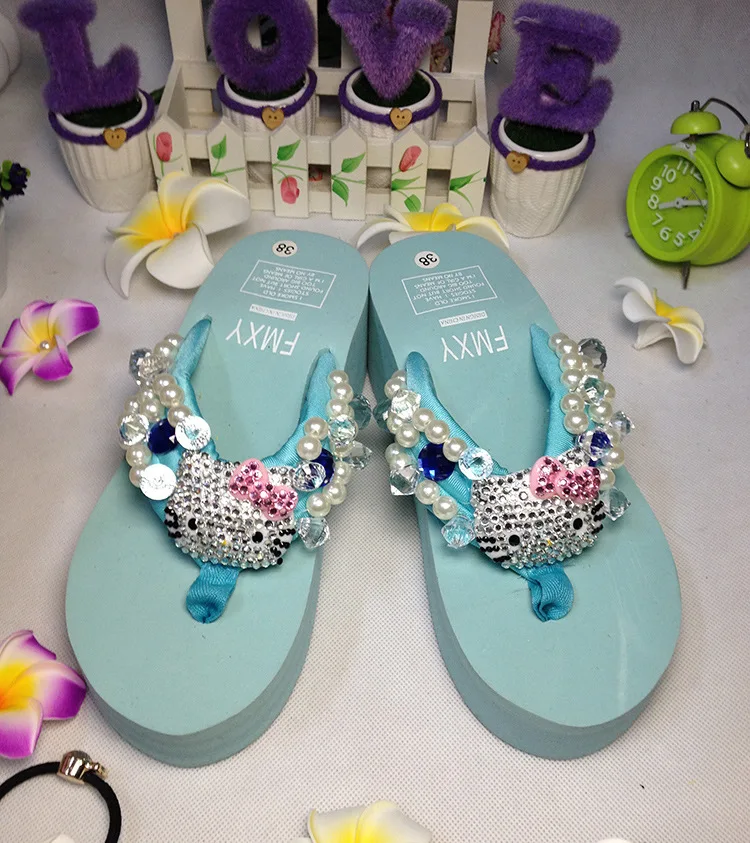 Leisure Shoes Online Lady Sewing Pearl Womens Beach Slippers Fashion High Heel Platform Wedge Flip Flops67