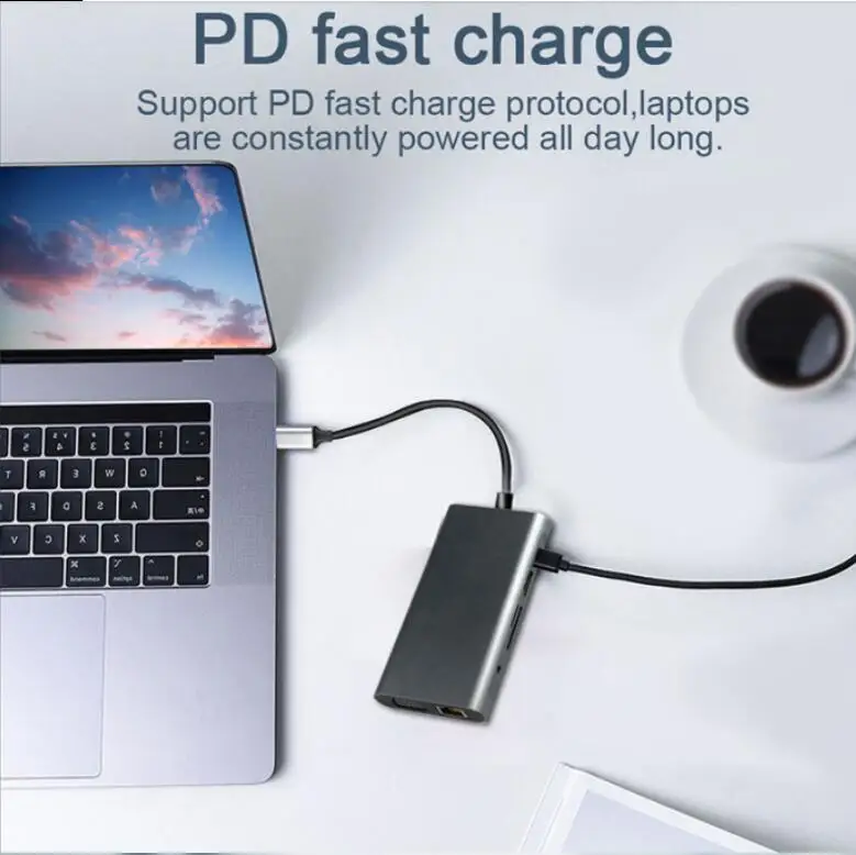 10 в 1 Тип C док-станция Алюминиевый USB C концентратор для нескольких USB 3,0 HDMI VGA RJ45 кард-ридер 3,5 мм разъем PD адаптер для MacBook