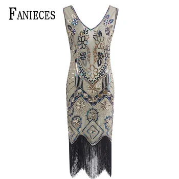 

Women 1920s Vintage Great Gatsby Sequins Slim Dress V-Neck Tassels Bodycon Beaded Party Flapper Dresses Art Deco Double vestidos