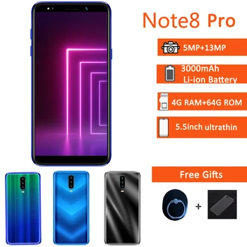 

New Note8 pro 4G RAM 64G ROM Mobile phones android 5.5" 18:9 HD screen MTK6580 quad core celulares 13MP Face ID Smartphones