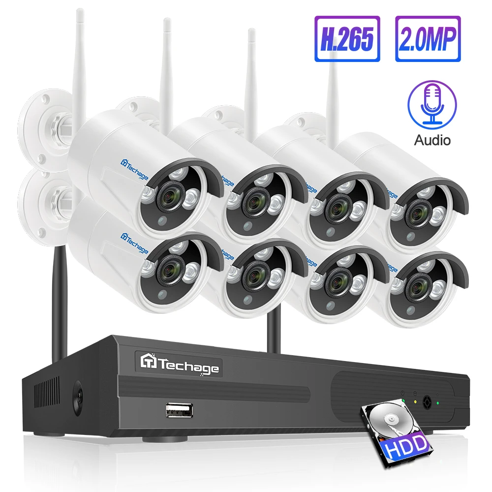 

Techage H.265 8CH Wireless Audio CCTV Security 2MP Outdoor Waterproof IP Camera System NVR Kit 1080P 3T HDD App View