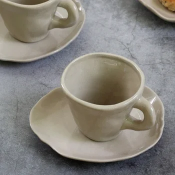 

Retro Ceramic Mug and Saucer Set 200ml Hand Made Irregular Coffee Set for Coffee Shop Restaurant