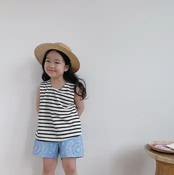 

2020 new girls striped t-shirt summer backless cotton fashion girls top 2-7 t HV809