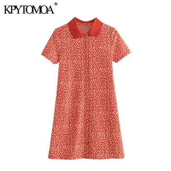 

KPYTOMOA Women 2020 Chic Fashion Leopard Print Knitted Mini Dress Vintage Short Sleeve Animal Pattern Female Dresses Vestidos