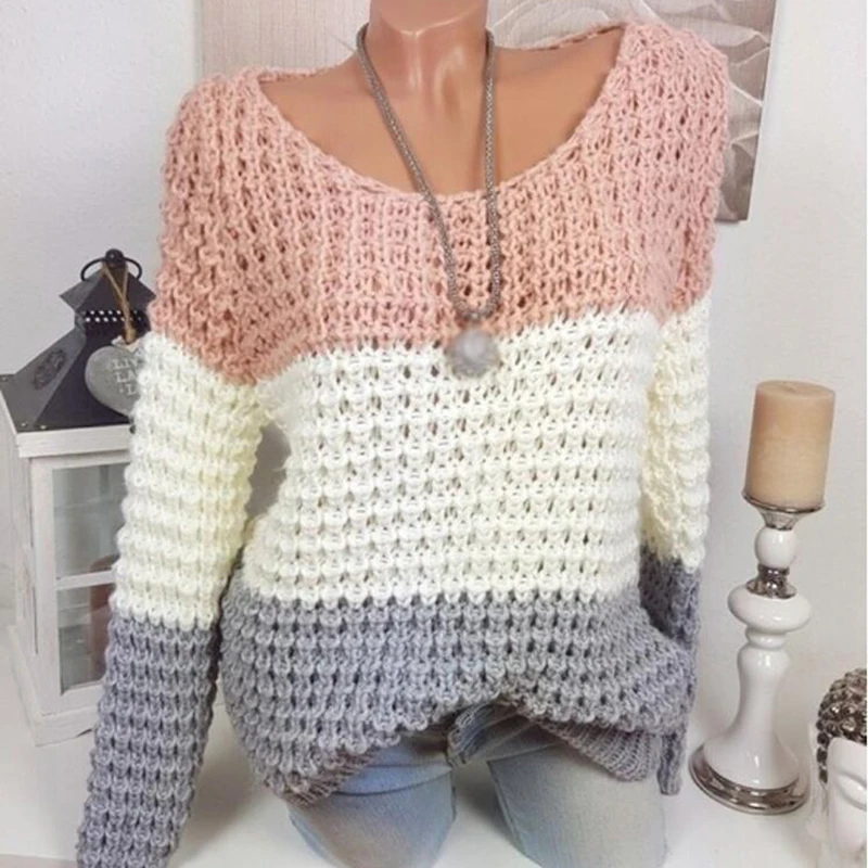 Ladies O-neck Openwork Knitted Sweater Women's Fashion Long-sleeved Autumn And Winter Casual Comfortable Large Size | Женская одежда
