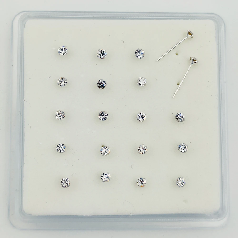 24G 100% 2.5mm 크리스탈 코 핀 스터드 남여 인도 코 피어싱 쥬얼리 20 개/갑
