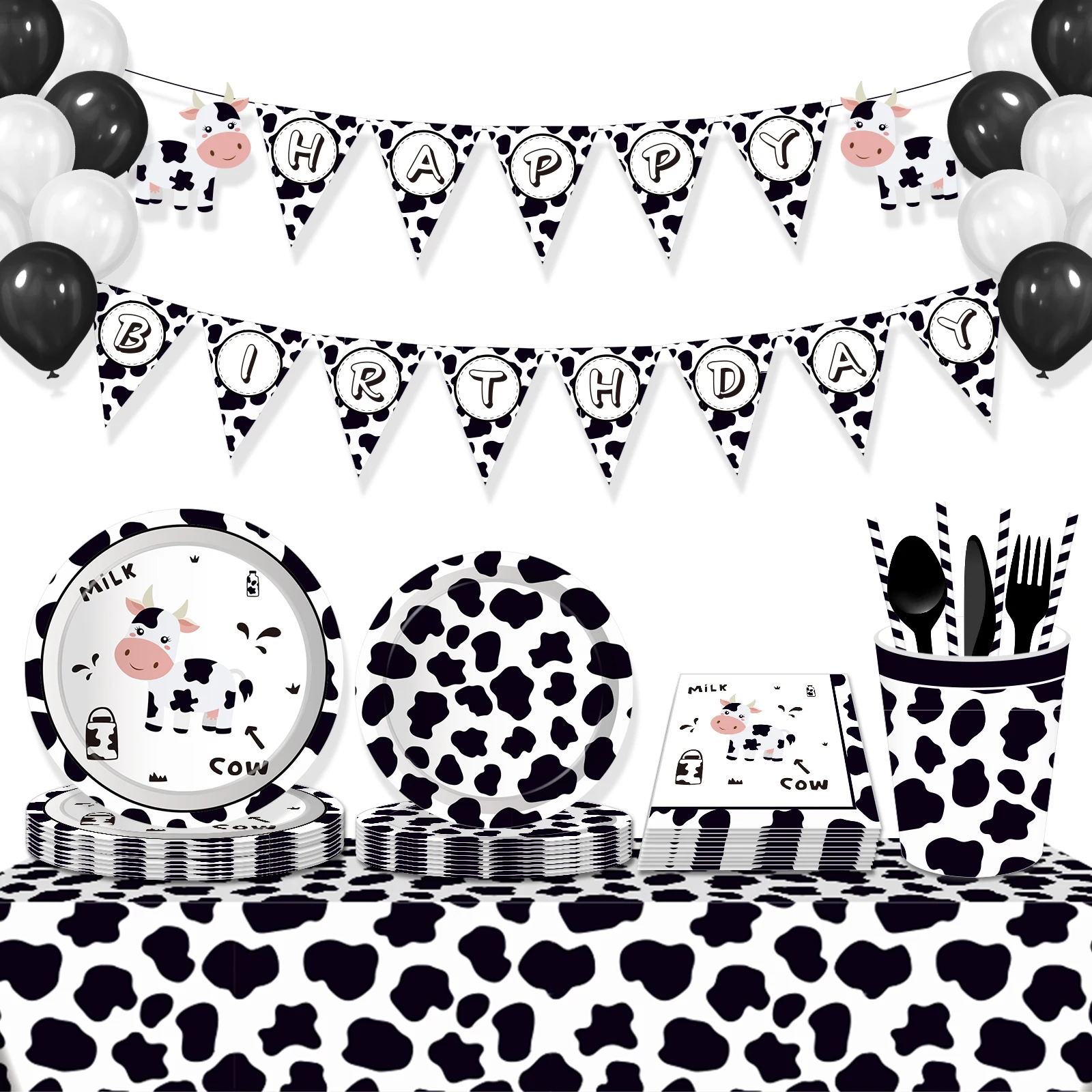 

Cartoon Milk Cow Farm Animals Theme Disposable Tableware Sets Plates Napkin Cups Birthday Party Favors Supplies
