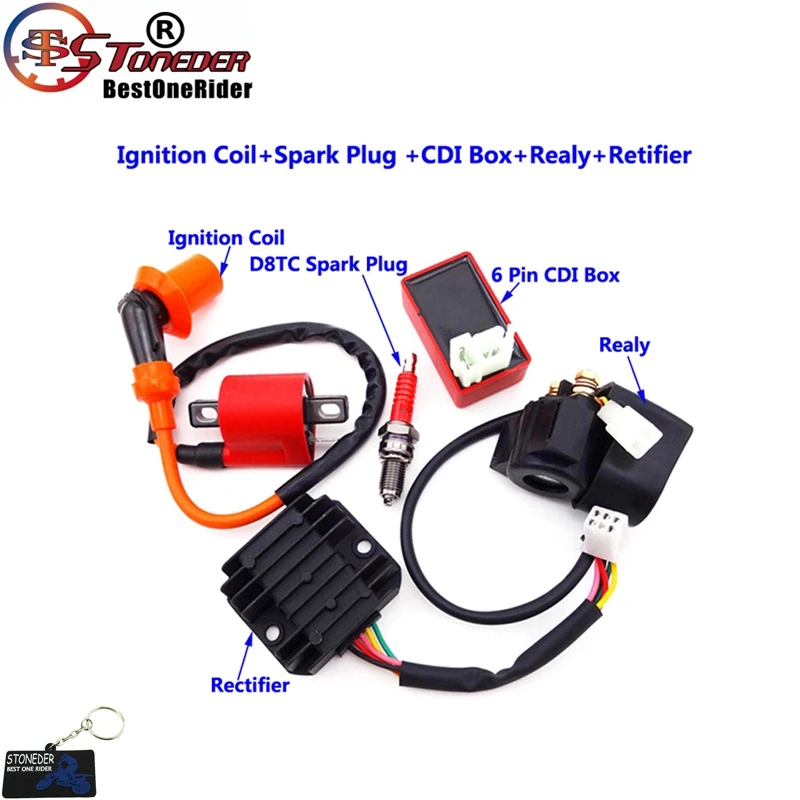 STONEDER Ignition Coil D8TC Spark Plug 6 Pin AC CDI Regulator Rectifier Solenoid Relay For 150cc 200cc 250cc Engine ATV Pit Bike