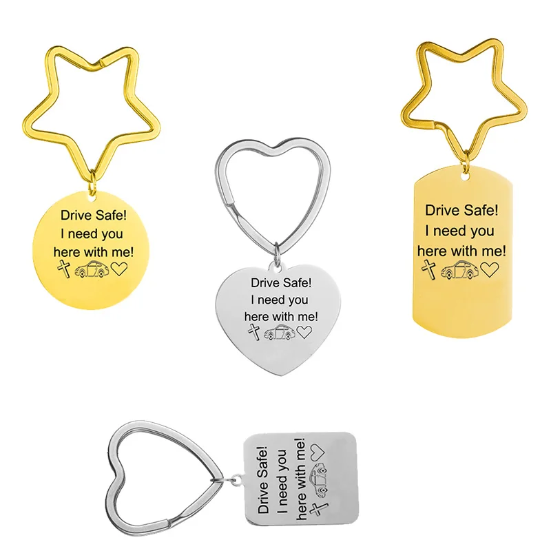 Personalized Keychain Engraved Drive Safe I Need You Here With Me Heart Star Stainless Steel Custom Keyrings Women Men Jewelry