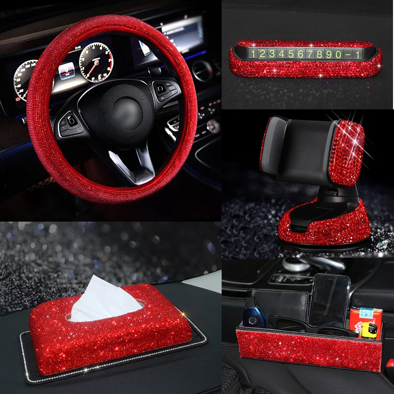Red-Rhinestone-Car-Interior-Accessories-for-Women-Diamond-Steering-Wheel-Cover-Crystal-Car-Mount-Holder-Keychain-