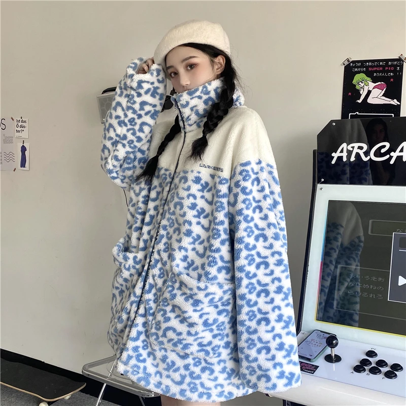 

Autumn And Winter Loose Thick Woolen Jacket Harajuku Lamb Wool Hit Color Zipper Cotton Woolen Jacket 2020