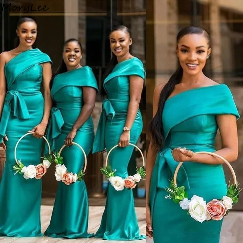 

Cute Bridesmaid Dresses One Shoulder Hand Made Bow Sweep Train Silk Satin Mermaid Wedding Party Bridesmaid Gowns Zipper Back