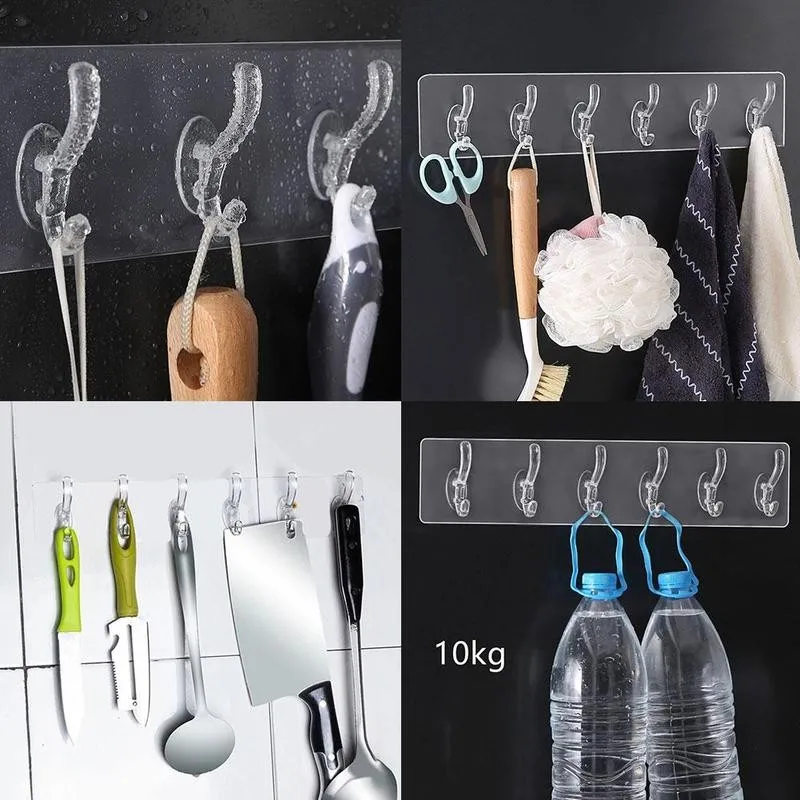 1/3/6 Hooks Transparent Self Adhesive Door Wall Hangers Suction Heavy Load Rack Cup Sucker For Kitchen Bathroom