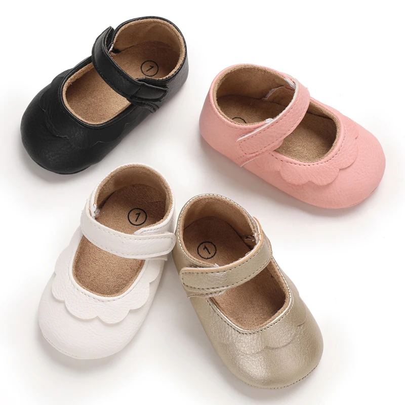 Infant Newborn Baby Girls Princess Non-Slip Floral Border Shoes Toddler Baby Soft PU Leather Prewalker Shoes Solid First Walkers