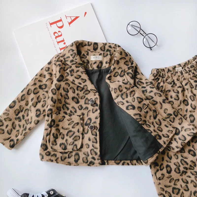 Autumn Winter Toddler Girl Clothes Set Fashion Single-breasted Leopard Wool Blazer Coat+Pant Party Suit 2-8Yrs Kids Clothes