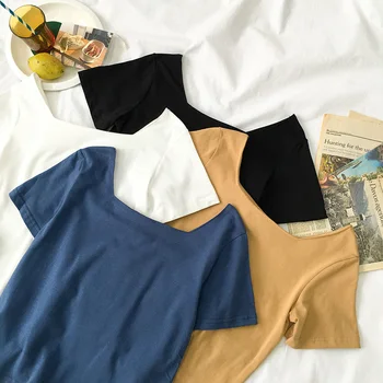 

HELIAR Tees 2020 Summer Square Neck T-shirt Cottons Tees Female Solid Short Sleeve Casual 2020 Summer T-shirts For Women