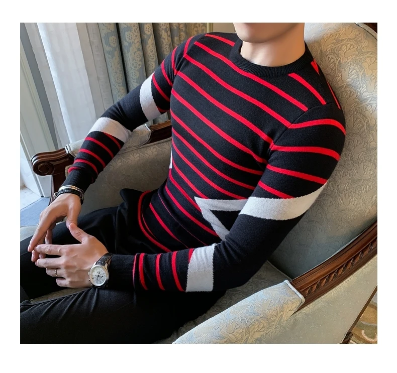 Мужской осенне-зимний вязаный пуловер в полоску с длинными рукавами, свитер, мужской Тонкий деловой Повседневный нижний свитер
