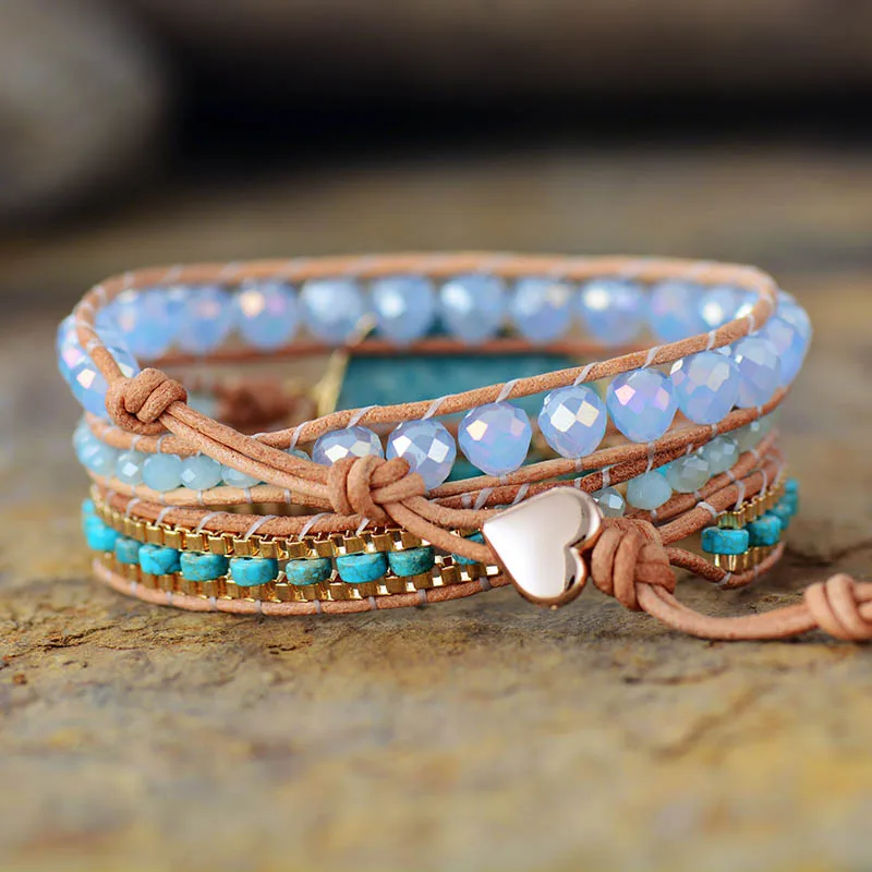 Ethnic Leather Wrap Bracelets W/ Natural Stone Rhinestone Amazonite Beaded Strand Bracelet Teengirls Bohemian Jewelry Dropship