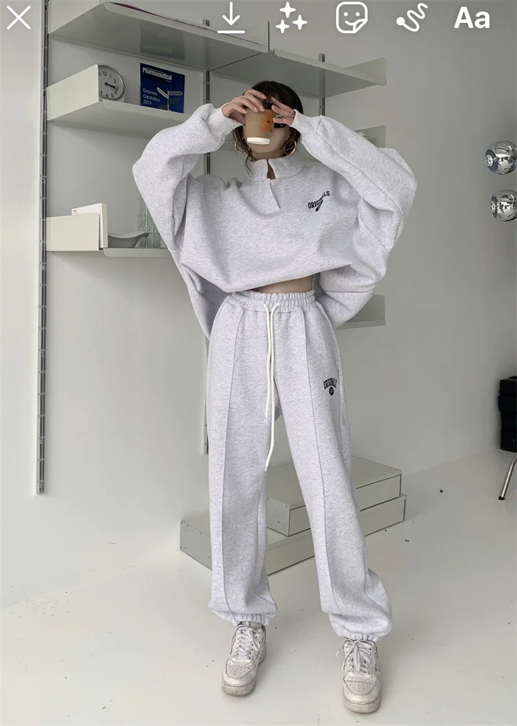 Bornladies 2022 Women Cotton Sweatshirt Suit Oversized Sets Female Stand Collar Loose Sweatshirt + Long Pants Suits Short Sets black pant suit