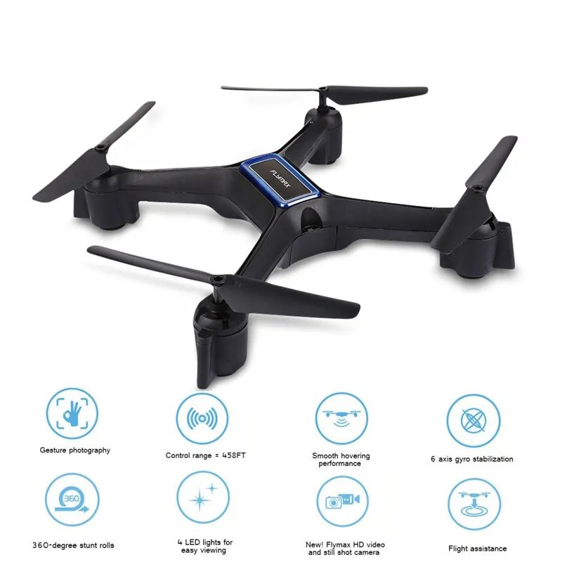 Flymax 2 RC Drones WiFi Quadcopter 2.4G FPV Streaming Drone 6-axis Gyro 4 Bright LED Lights 4 Channels Aircraft Drone