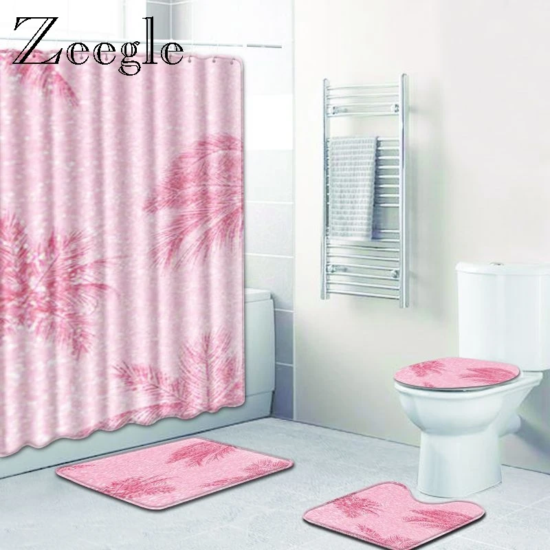 Zeegle Toilet Mat Set Bathroom Non-Slip Pedestal Rug Toilet Lid Seat Cover Bathroom Mat Floor Rug Polyester Shower Curtain Set