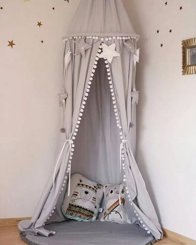 Занавеска навес круглая кроватка сетка палатка реквизит для фотосъемки Baldachin хлопок украшение детской комнаты шары москитная сетка детская кровать - Цвет: Серый