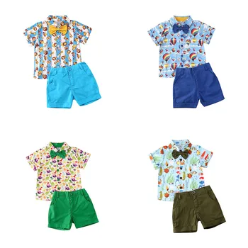

Fashion Toddler Baby Kids Boys 2PCS Outifit Set Cartoon Animal Print Bowtie T-shirt+Shorts Pants Children Boys Gentelman Clothes