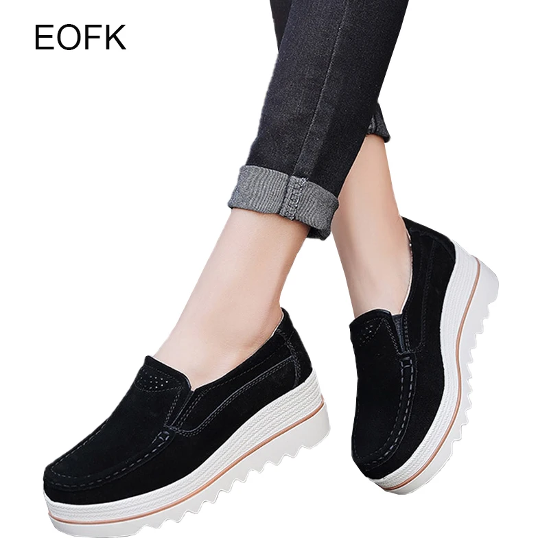 EOFK New Spring Autumn Moccasins Woman Flats Genuine Leather Slip-ons Casual Platform Shoes Lady Loafers Round Toe Cow Suede