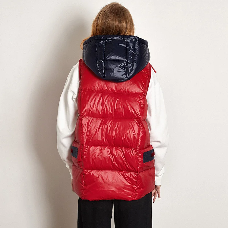 Women Down Vest Winter Hooded Glossy Thicken Warm 90% White Duck Down Jacket Ladies Fashion Contrast Color Winter Outwear