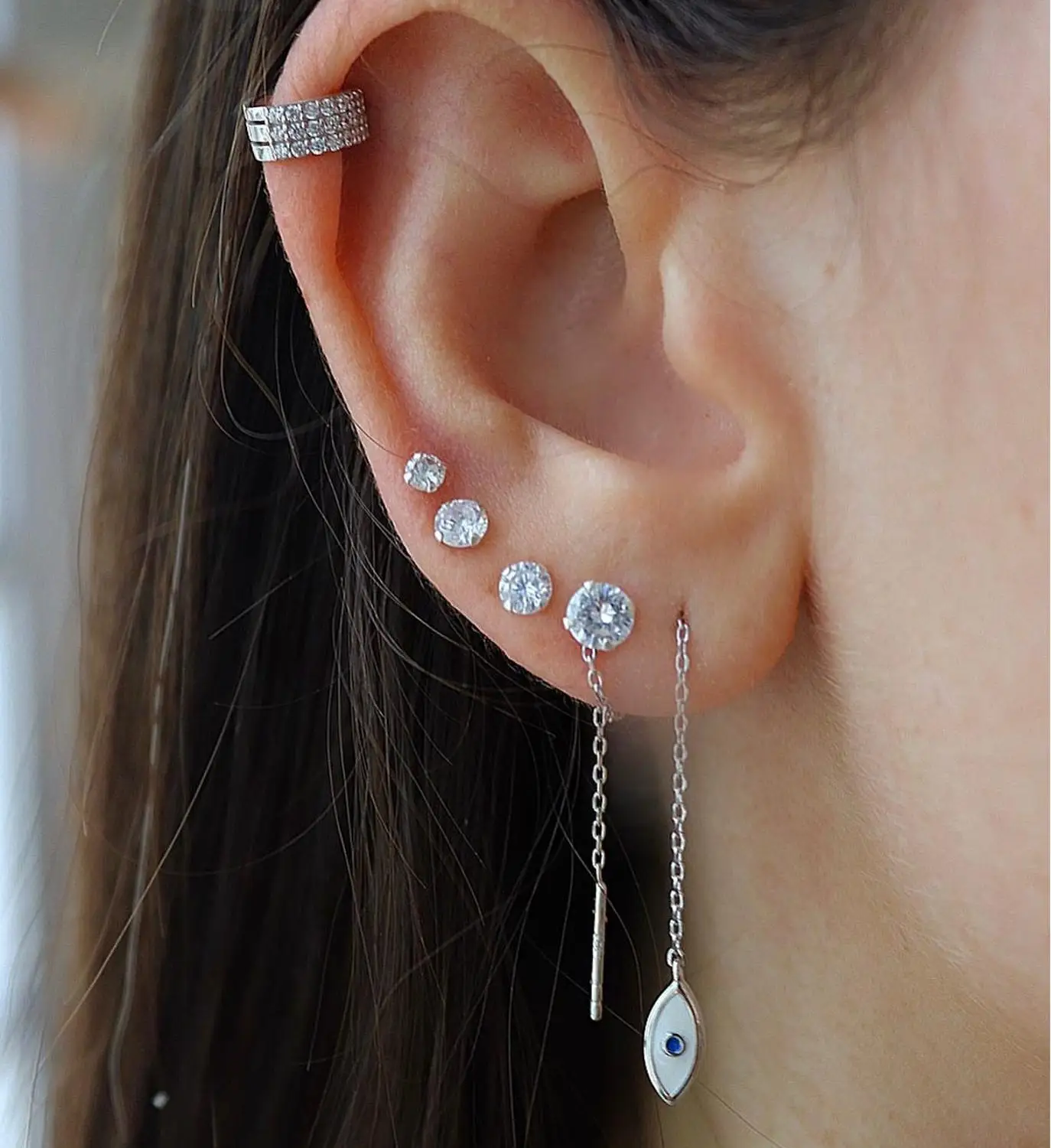 Tassel chain earring Silver Rose gold Color Cute tiny turkish evil eye charm Thin Threader chain earrings for women