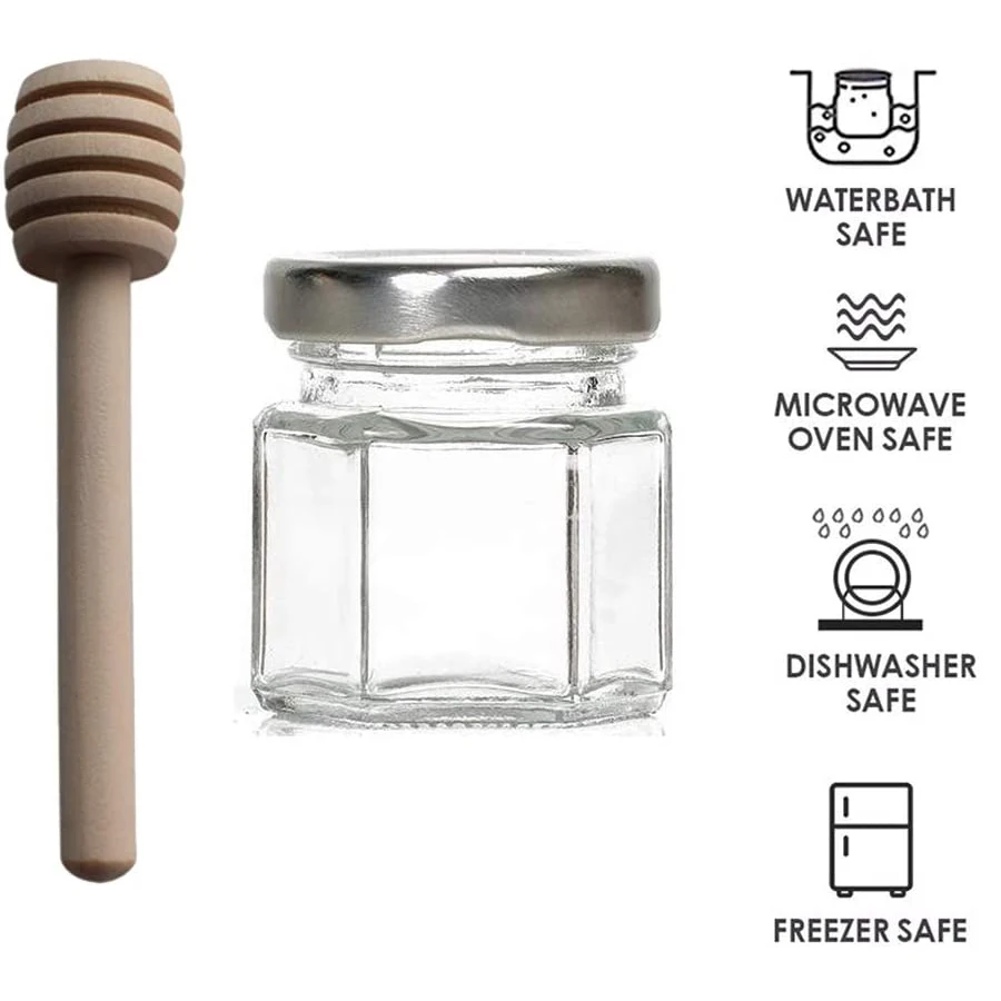 Hexagon Mini Glass Honey Jars with Wooden Dipper, Silver Lids, Silver Bee PendantsPerfect for Baby Showers, Wedding Favors 5