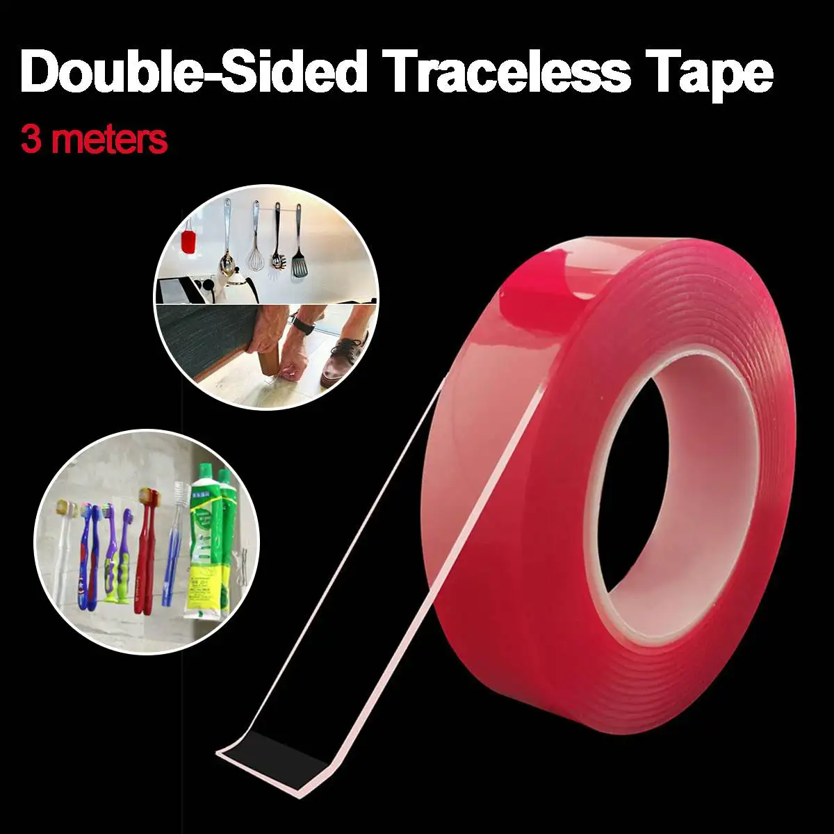 

Reusable Double Sided Tape Adhesive 3 Meters Heavy Duty Adhesive Loop Transparent Traceless Tape Clear Washable Remove Sticker