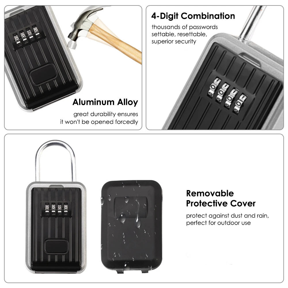 Wall Mounted Outdoor Key Storage Lock Box Wall Safe Key Box Keys Holder 4-digit Password Mini Safe Combination Padlock Black