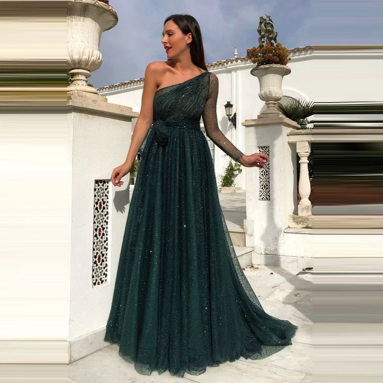 Sparkling Green Prom Dresses Women Custom Made Sheer One Shoulder Long Sleeve A-line Court Train Evening Gowns | Свадьбы и торжества