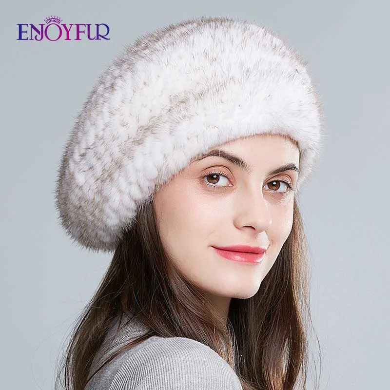

ENJOYFUR Fashion winter beret natural mink fur knitted berets for women high quality hot sale hats with rhinestones