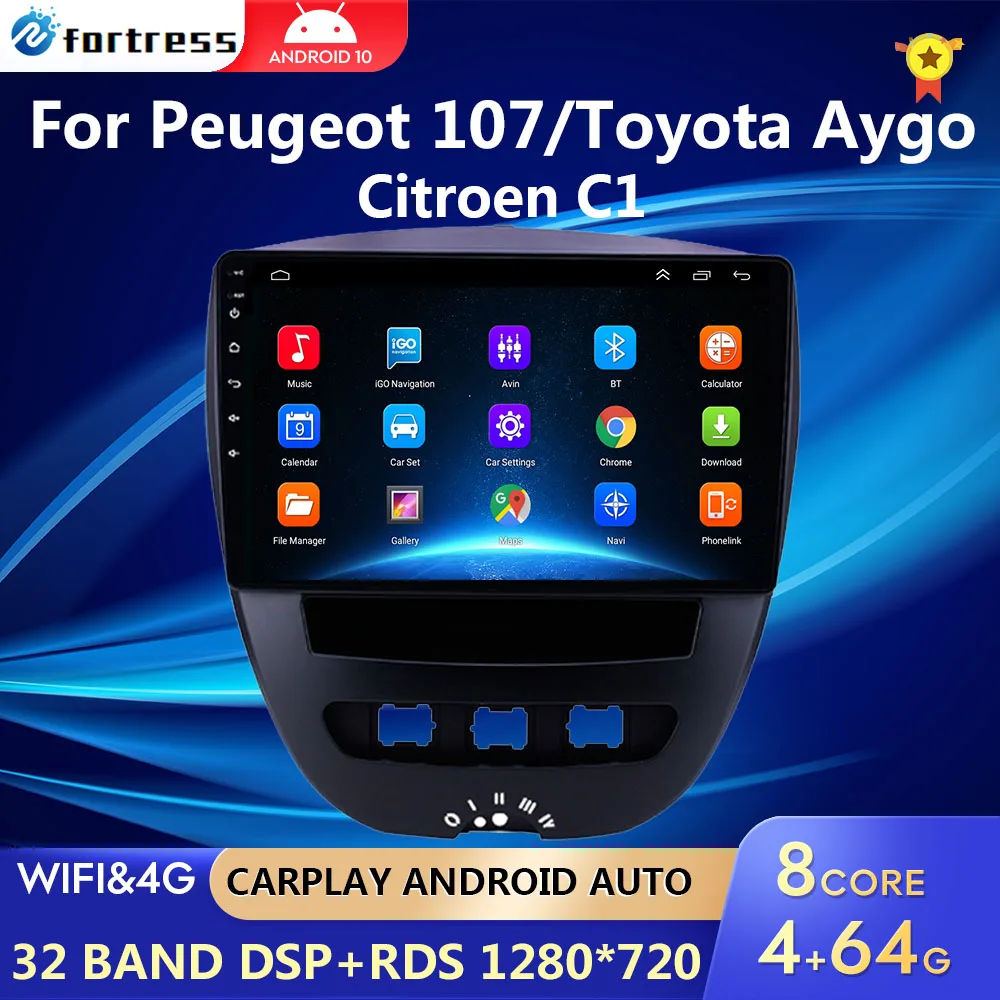 Android 10 2 Din Car Multimedia Player For Peugeot 107 Toyota Aygo Citroen C1 2005-2014 Head Unit Stereo GPS Navigation BT WIFI |