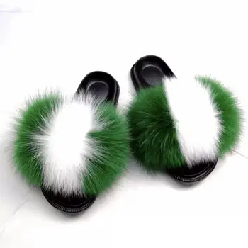 

Fluffy Furry Slippers Women Real Fox Fur Slides Beach Flip Flops Slippers With Feathers Really Fluffy And Soft Women Shoes