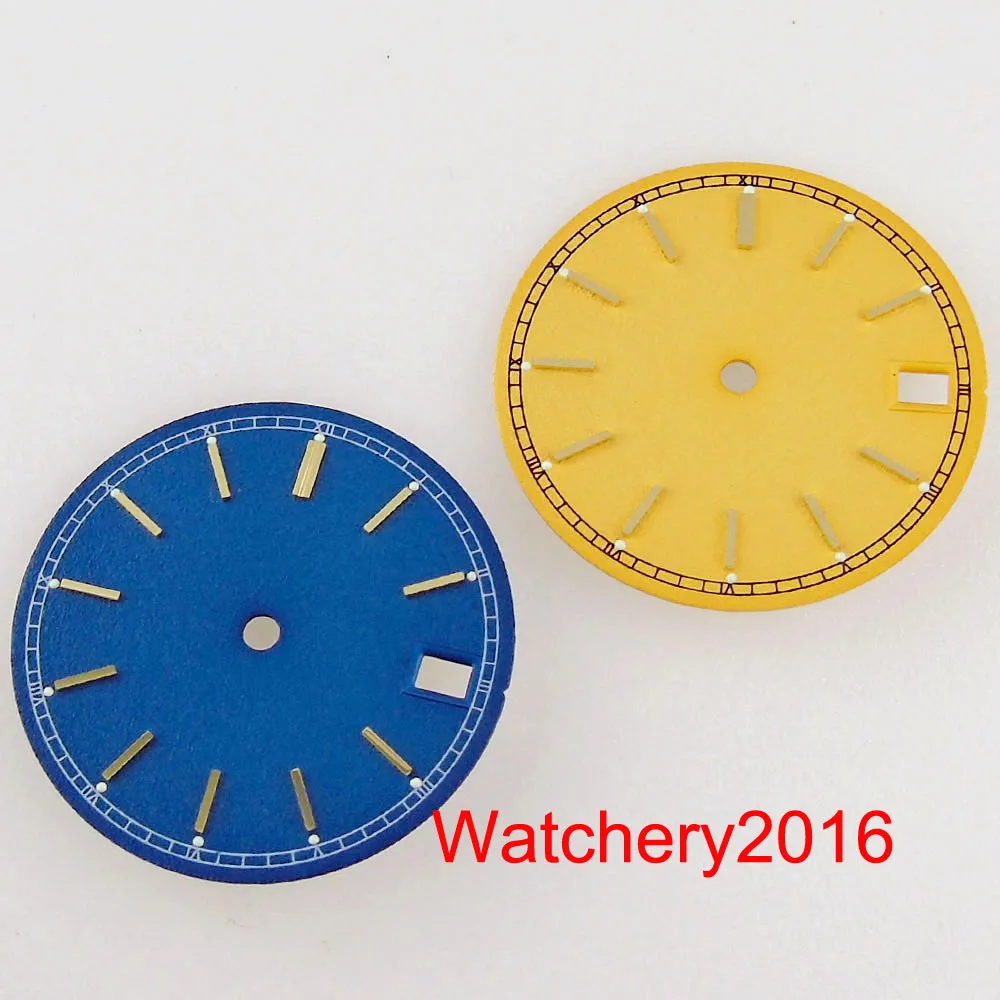 

28.5mm Watch Dial Face Baton Index fit NH35A Automatic Movement 3 o'clock Crown Blue Gold Brushed Date Window