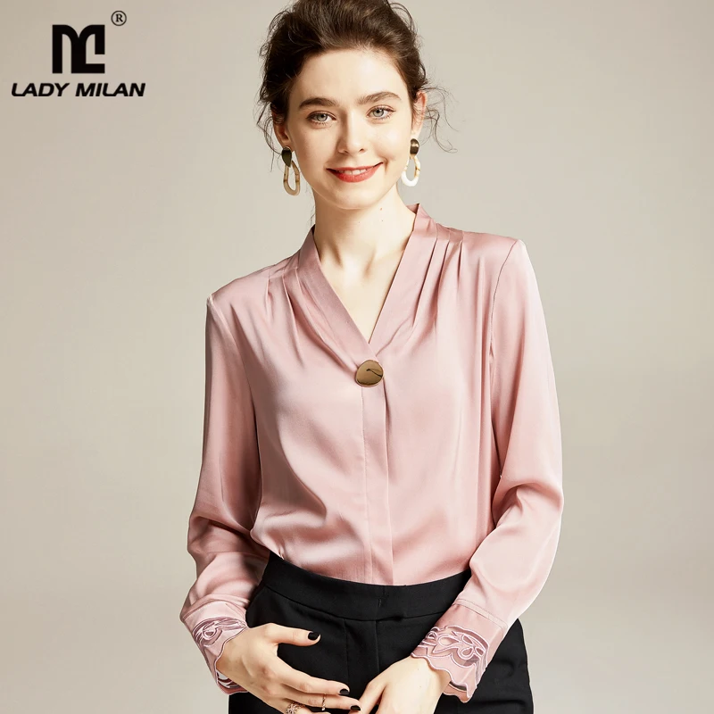 Женские шелковые рубашки сексуальные V образным вырезом с длинным рукавом