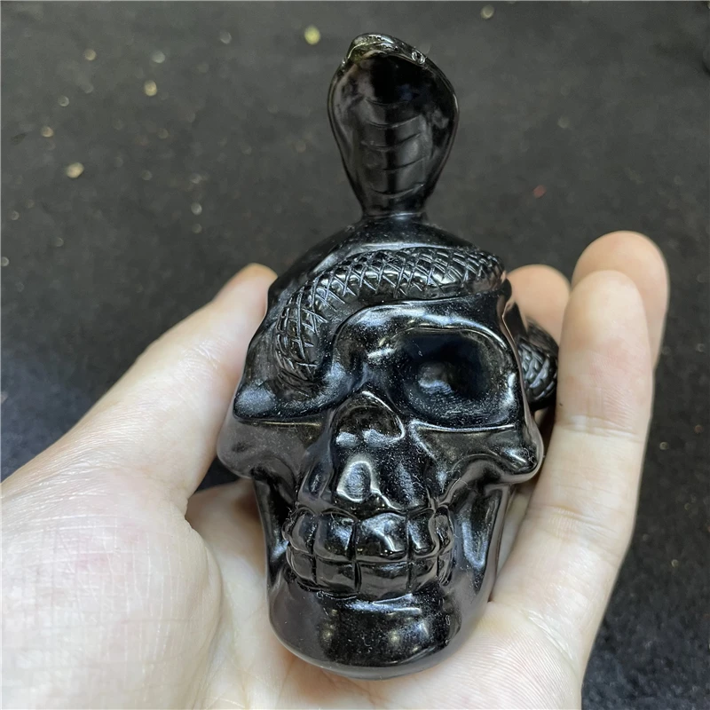 

Natural Obsidian Snake Skull Gems And Minerals Halloween Ornament Reiki Healing Black Crystals Cranium Desk Decoration For Home