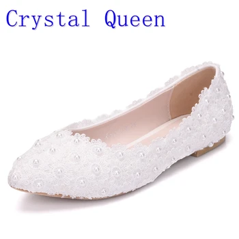 

Crystal Queen White Lace Pearls Women Wedding Shoes Flat Heel Casual Shoes Ladies Party Dress Shoes Pointed Toes Size 42