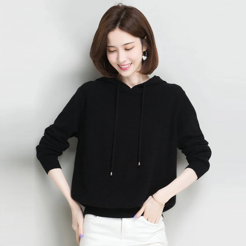 #^Special Price Women Sheep Wool Blend Pullover Sweaters Black Blue Khaki Soft Warm Cashmere Wool Knit Top Hooded Knitwear Hoodies Autumn Winter