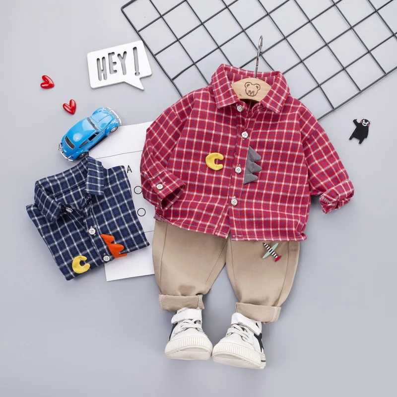

BOY'S New Style Korean-style Set Cartoon Plaid Shirt Long Sleeve Casual Pants Children Autumn Casual Clothes Childrenswear