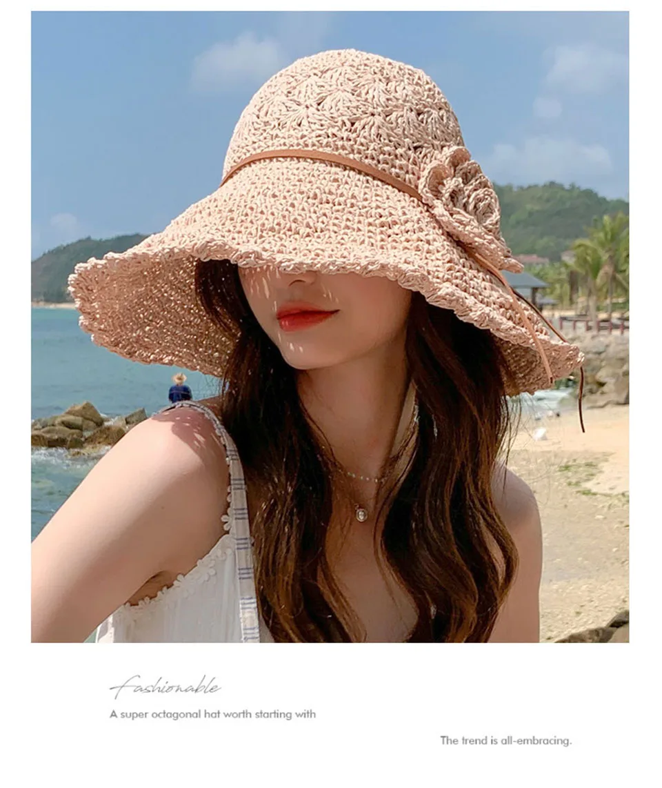 2021 di MODO di Estate delle Nuove Donne di Sun Benna berretto di pizzo beige Bowknot Fiori Nastro Piatto top Panama morbido Cappello di Paglia spiaggia_voghion.com