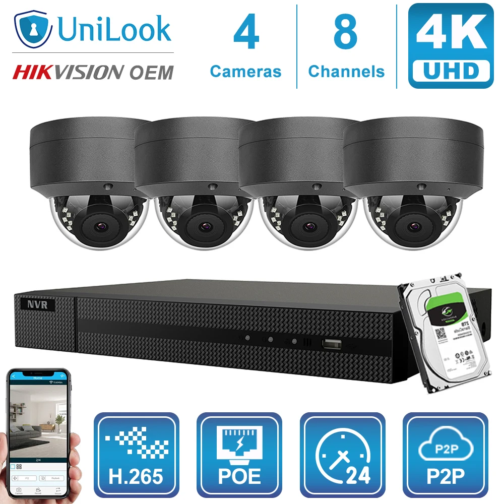 Hikvision OEM 4K 8CH NVR 8MP POE IP Камера 4/6/8 шт. комплект открытый системы безопасности ONVIF H.265 CCTV NVR Kit с 1/2/4 ТБ HDD - Цвет: 4 Gray Cams Kit
