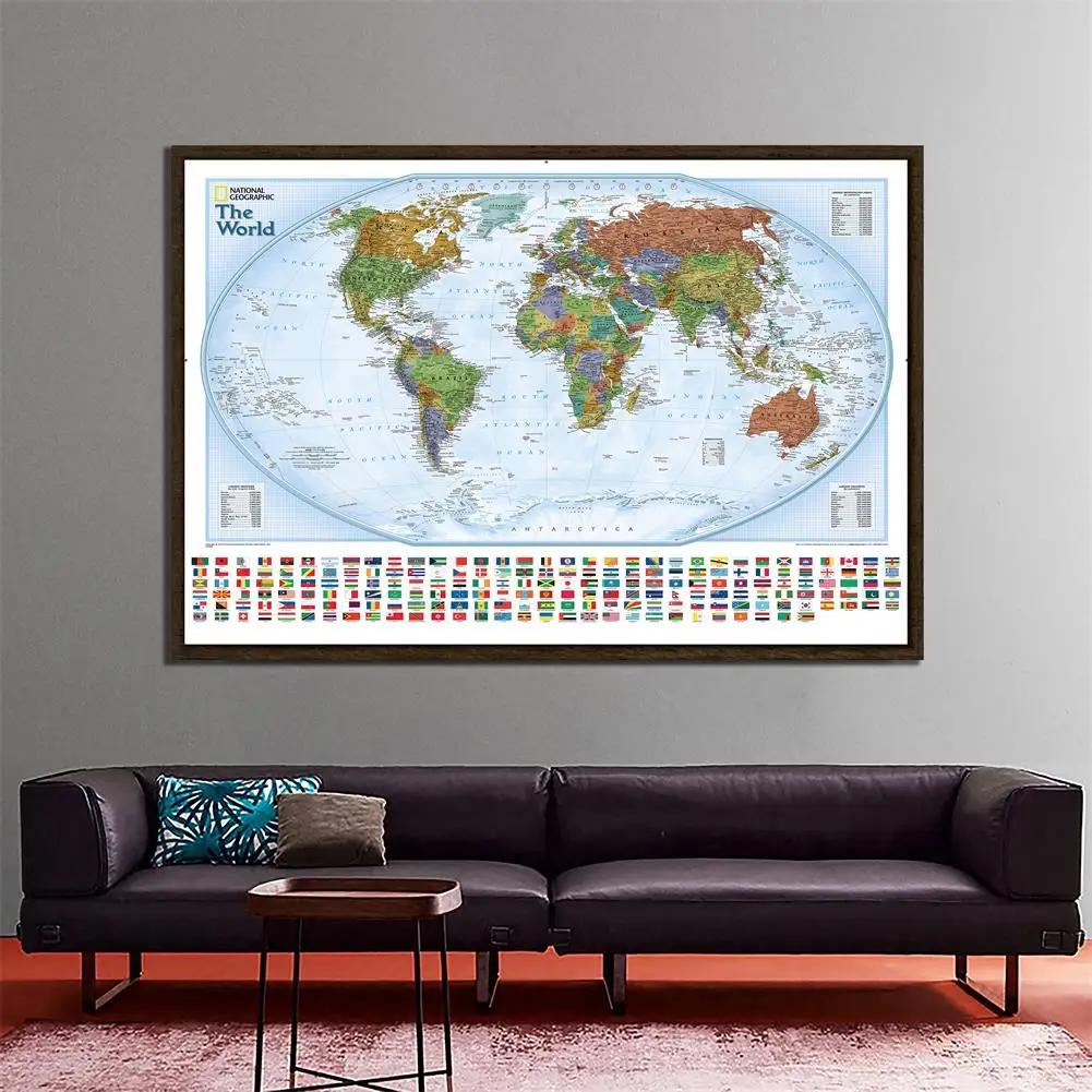 

Non-woven Waterproof World Map With National Flags The World Physical Map For Culture And Education