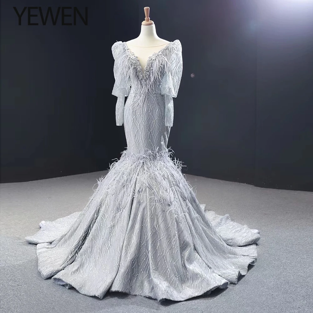 Vestido de Noiva, свадебное платье принцессы, Русалка на шаре, серое платье невесты с перьями, свадебное платье, Robe De Mariee YeWen