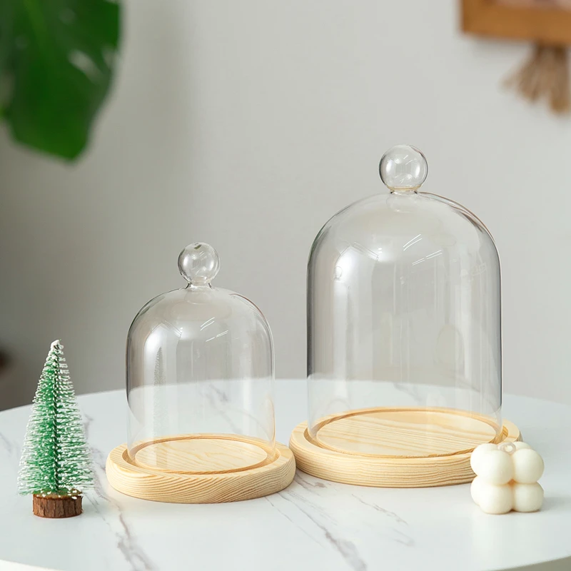 2sets/pack 9*11cm Ball Top Glass Dome Vase Home Deocration Flat Log Base Transparent Cover Wedding Live Prop Birthday Gift 6