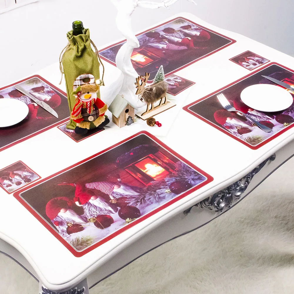  creative christmas PVC Printing 6pcs Placemats + 6pcs Coasters Table Insulation Pad Christmas Decor
